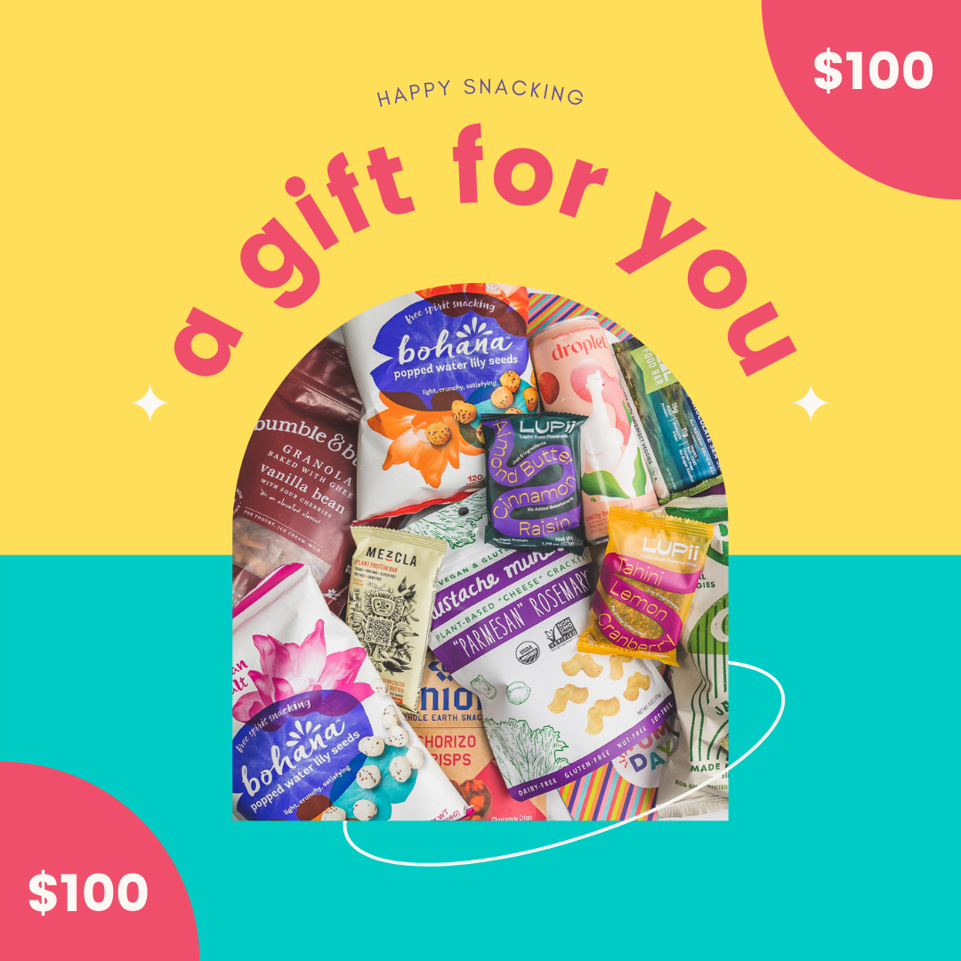Colorful Yumday $100 gift card graphic with image of assorted snacks