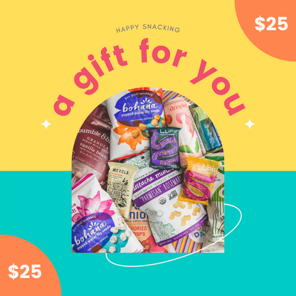 Colorful Yumday $25 gift card graphic with image of assorted snacks