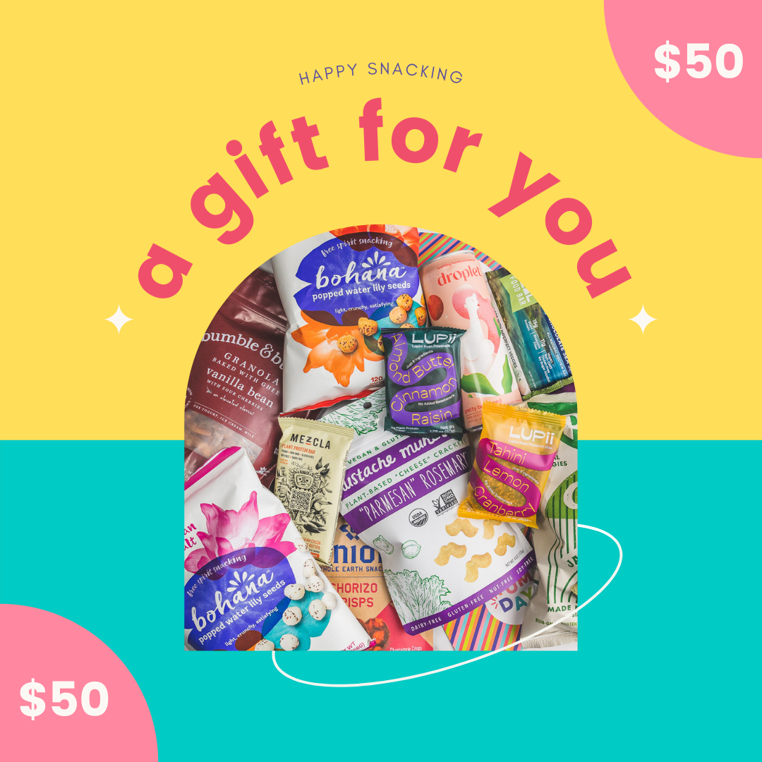 Colorful Yumday $50 gift card graphic with image of assorted snacks