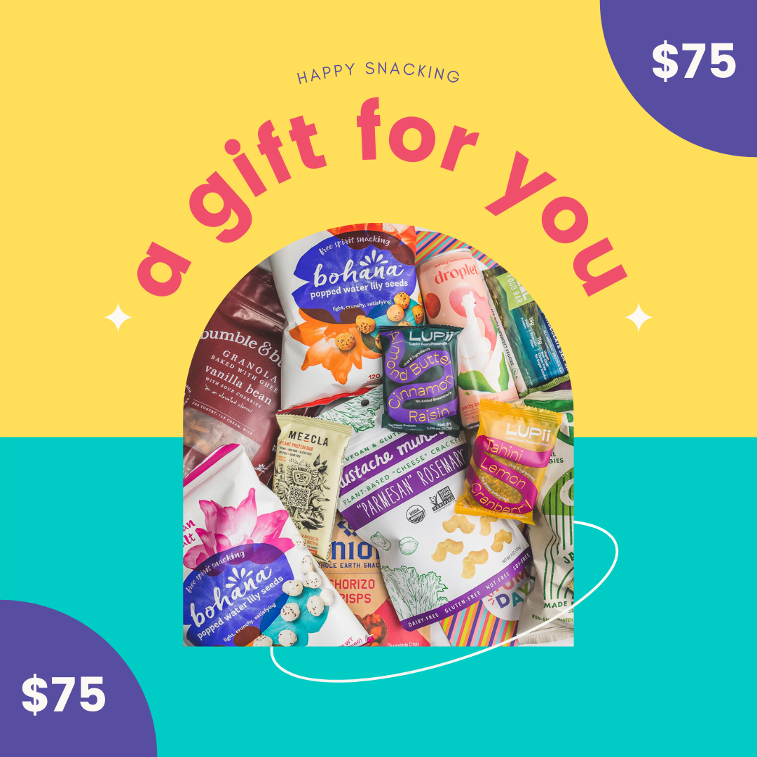 Colorful Yumday $75 gift card graphic with image of assorted snacks