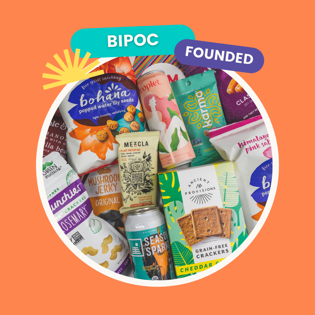 Yumday graphic, orange background, showing assorted snacks from BIPOC-led food and beverage companies