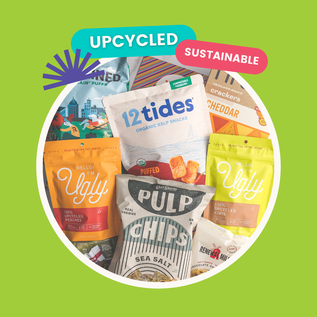 Yumday graphic, green background, showing assorted upcycled and sustainable snacks
