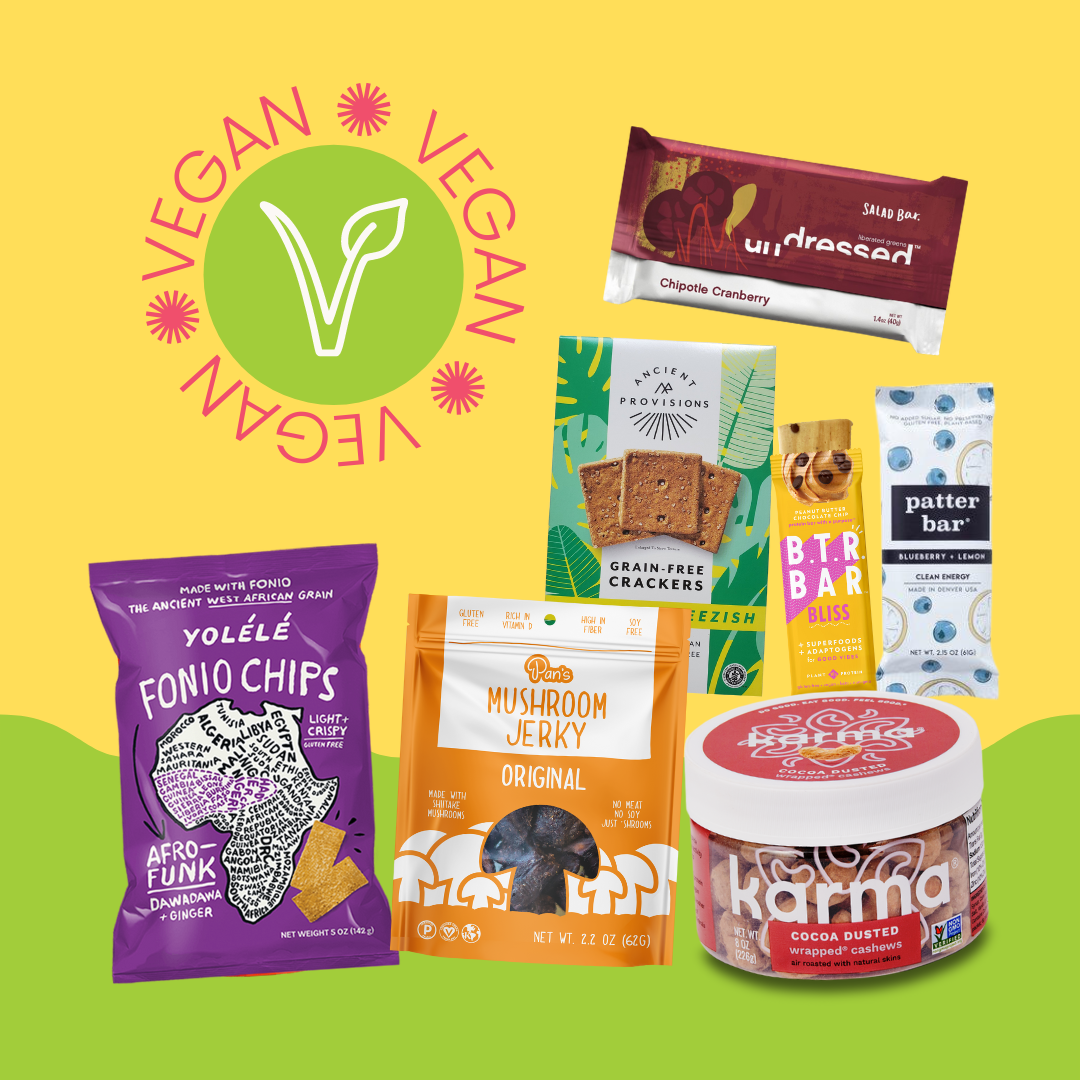 Yumday graphic showing assorted vegan snacks